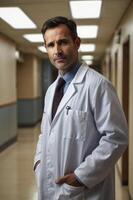 Doctor Posing in Hospital Hallway Looking at Camera with Serious Expression photo