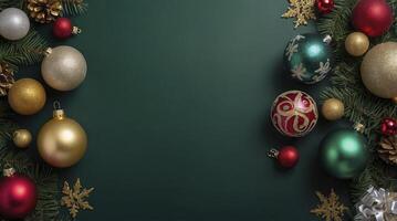 Christmas decorations on a green background photo