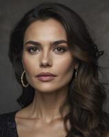 Elegant Woman Portrait with Wavy Hair and Stylish Gold Earrings photo