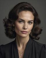 Elegant Woman Portrait with Wavy Hairstyle in Dark Business Attire photo