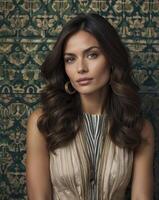 Elegant Woman Portrait with Wavy Hair and Patterned Backdrop Studio Shot photo