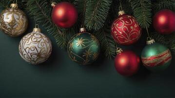 Festive Christmas Ornament Arrangement with Pine Branches and Dark Background photo
