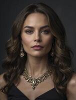 Elegant Woman Portrait with Jeweled Necklace and Earrings on Dark Backdrop photo