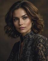 Elegant Woman Portrait with Wavy Hair and Lace Top Posing Confidently photo