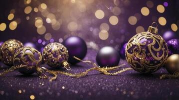 Festive Christmas Ornaments on Purple Glitter Surface with Bokeh Background photo