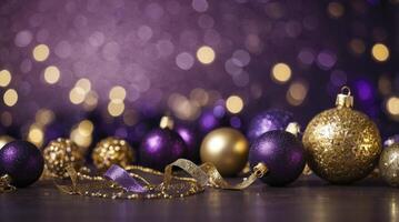 Christmas Ornaments Purple and Gold with Bokeh Lights Festive Background photo