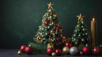 Decorated Christmas Trees with Ornaments and Candle Against a Dark Background photo