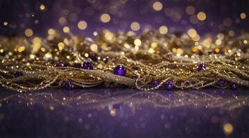Golden Garland Decoration with Purple Beads Resting on Reflective Surface photo