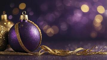 Festive Holiday Ornaments with Gold Ribbon and Bokeh Lights Background photo