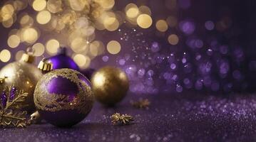 Festive Christmas Ornaments on Glittering Surface with Sparkling Bokeh Background photo
