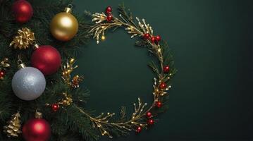 Christmas Wreath with Ornaments on Green Background for Festive Holiday Season photo