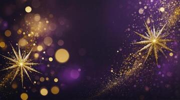 Golden Glitter Stars and Bokeh Lights Sparkling on Purple Background photo