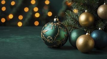 Festive Christmas Ornaments Decoration with Lights and Fir Tree Branches photo
