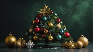 Decorated Christmas Tree with Ornaments and Star Against a Festive Backdrop photo
