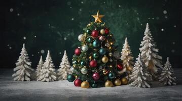 Decorated Christmas Tree with Ornaments and Snowy Evergreen Trees Scene photo