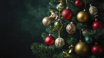 Decorated Christmas Tree with Ornaments and Dark Green Background Holiday photo
