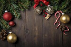 Festive Christmas Ornaments and Decorations on Dark Wood Surface photo