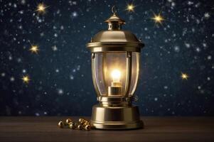 Glowing Lantern with Starry Background Creates Magical Atmosphere on Wooden Surface photo