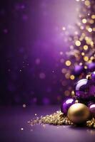 Festive Christmas Ornaments on Purple Background with Sparkling Bokeh Lights photo