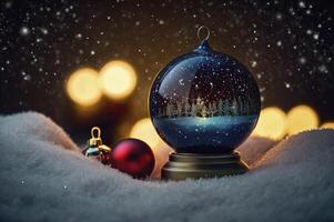 Winter Snow Globe with Christmas Ornament on Snowy Background with Lights photo
