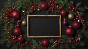 Christmas Decoration with Frame for Text on Dark Background with Ornaments photo