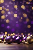 Festive Christmas Ornaments in Purple and Gold with Bokeh Background photo