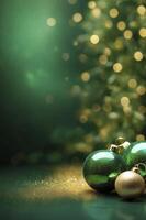 Green Christmas Ornaments with Golden Lights and Glitter Festive Still Life photo