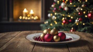 Christmas Ornaments on Plate by Fireplace with Decorated Christmas Tree photo