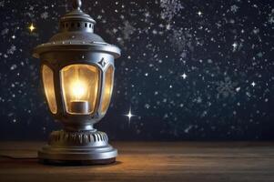 Glowing Lantern Lights Up Starry Night Scene on Wooden Tabletop photo