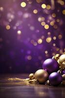 Festive Christmas Ornaments with Golden Bokeh Lights on Dark Purple Background photo