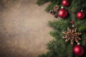 Arranging Christmas Garland with Ornaments and Pine Cones on Brown Surface photo