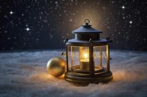 Glowing Lantern and Gold Ornament on Snowy Surface with Starry Backdrop photo
