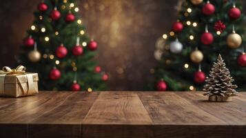 Christmas Decoration Scene with Ornamented Trees, Gift and Wooden Table photo