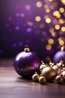 Sparkling Christmas Ornaments on Wooden Table with Bokeh Background photo