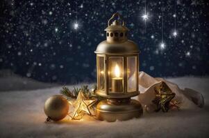 Glowing Lantern with Christmas Ornaments in a Snowy Night Scene photo