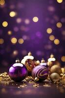 Festive Purple and Gold Christmas Ornaments with Bokeh Lights Background photo