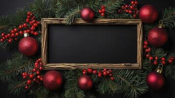 Festive Holiday Composition Frame Adorned with Ornaments and Berries on Black photo