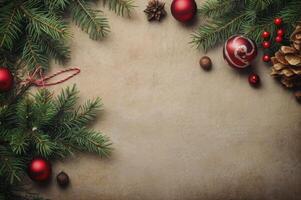 Festive Christmas Background with Red Ornaments Pine Branches and Pinecones photo