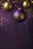 Hanging Christmas Ornaments on Tree with Bokeh Lights and Purple Background photo