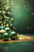Elegant Christmas Ornaments with Festive Green and Gold Decorations on Table photo