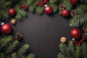 Christmas Decoration with Ornaments Berries Pinecones and Fir Branches Overhead View photo