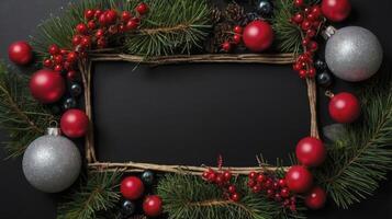 Festive Christmas Frame with Ornaments and Berries on Dark Background photo