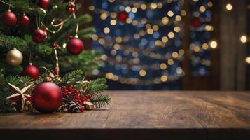 Decorated Christmas Tree with Ornaments on Wooden Table with Bokeh Lights photo