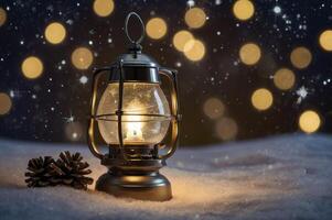 Illuminated Lantern and Pine Cones on Snow with Sparkling Bokeh photo