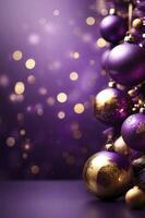 Elegant Christmas Ornaments on Purple Background with Bokeh Lights Holiday Scene photo