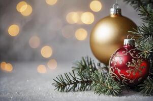 Festive Christmas Ornaments on Snow with Bokeh Lights Background photo