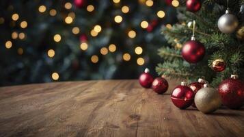 Christmas Tree with Decorations and Wooden Table for Holiday Product Mockup photo