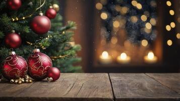Christmas Tree Decorations with Candlelight Glow and Wooden Tabletop Display photo