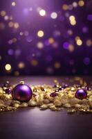 Festive Purple Christmas Ornaments on Gold Ribbon with Bokeh Background photo