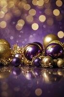 Festive Christmas Ornaments with Bokeh Lights in Gold and Purple Theme photo